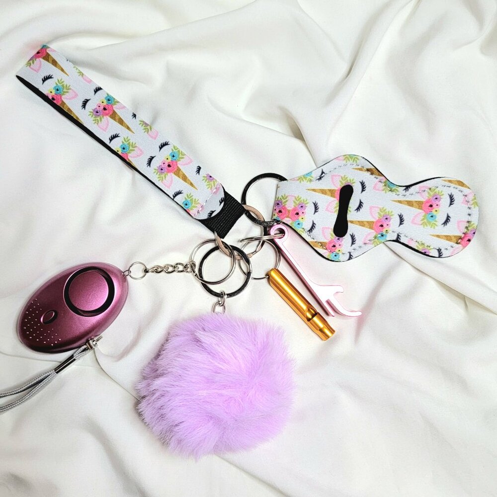 6 Piece Unicorn Safety Keychain Set, Alarm w/ Flashlight, Whistle, Can Opener